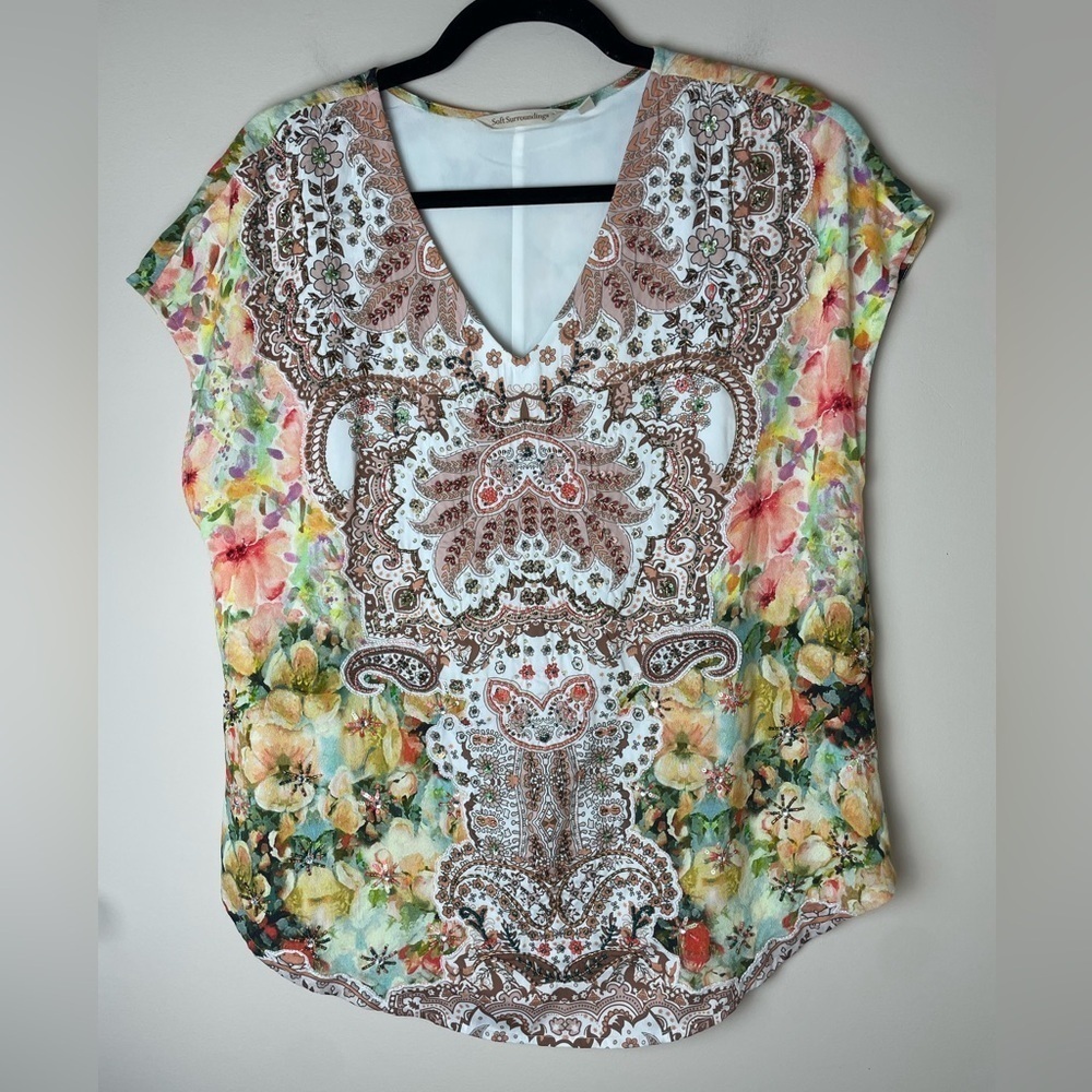 Soft Surroundings Blouse Short Sleeve Top Floral Paisley Beaded Women’s Small